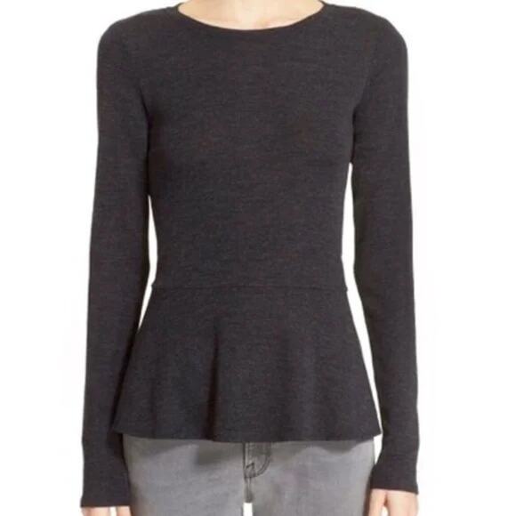 NWT Theory Malydie Merino Wool Peplum Sweater XS Gray Minimalist Long Sleeve - Picture 1 of 11
